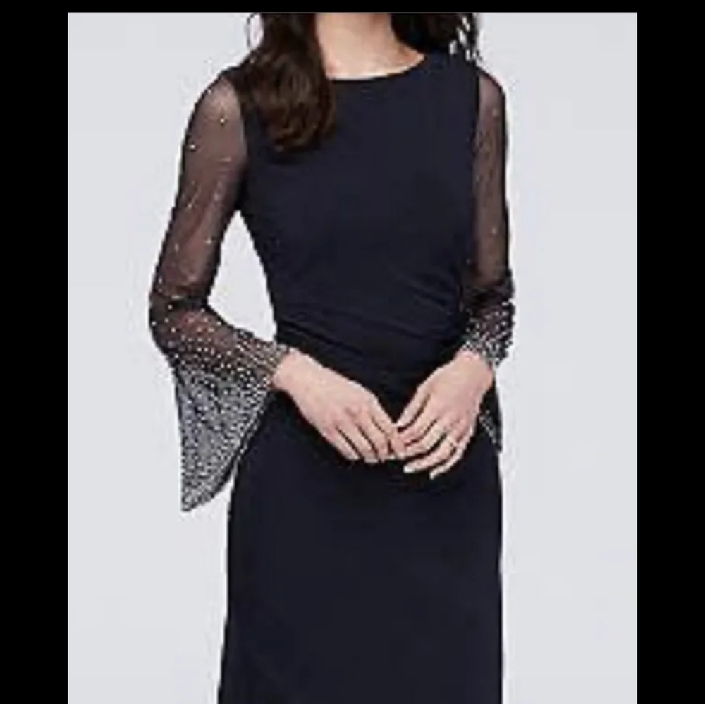 CACHET black midi dress with sheer sleeve embellishments size 8